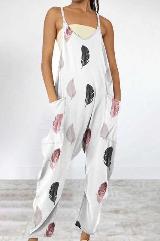 Print Patchwork Pocket V Neck Loose Jumpsuits