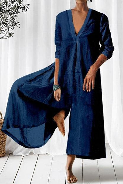 Simplicity Fold V Neck Loose Jumpsuits