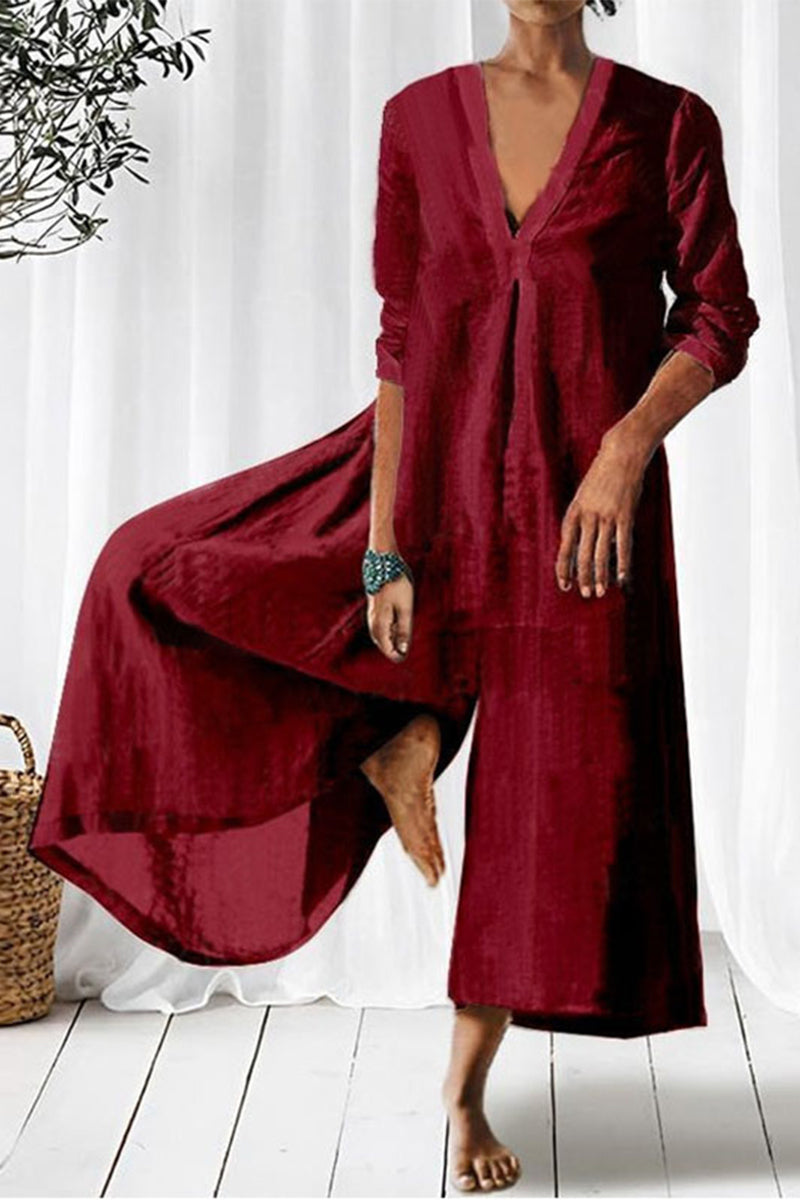 Simplicity Fold V Neck Loose Jumpsuits
