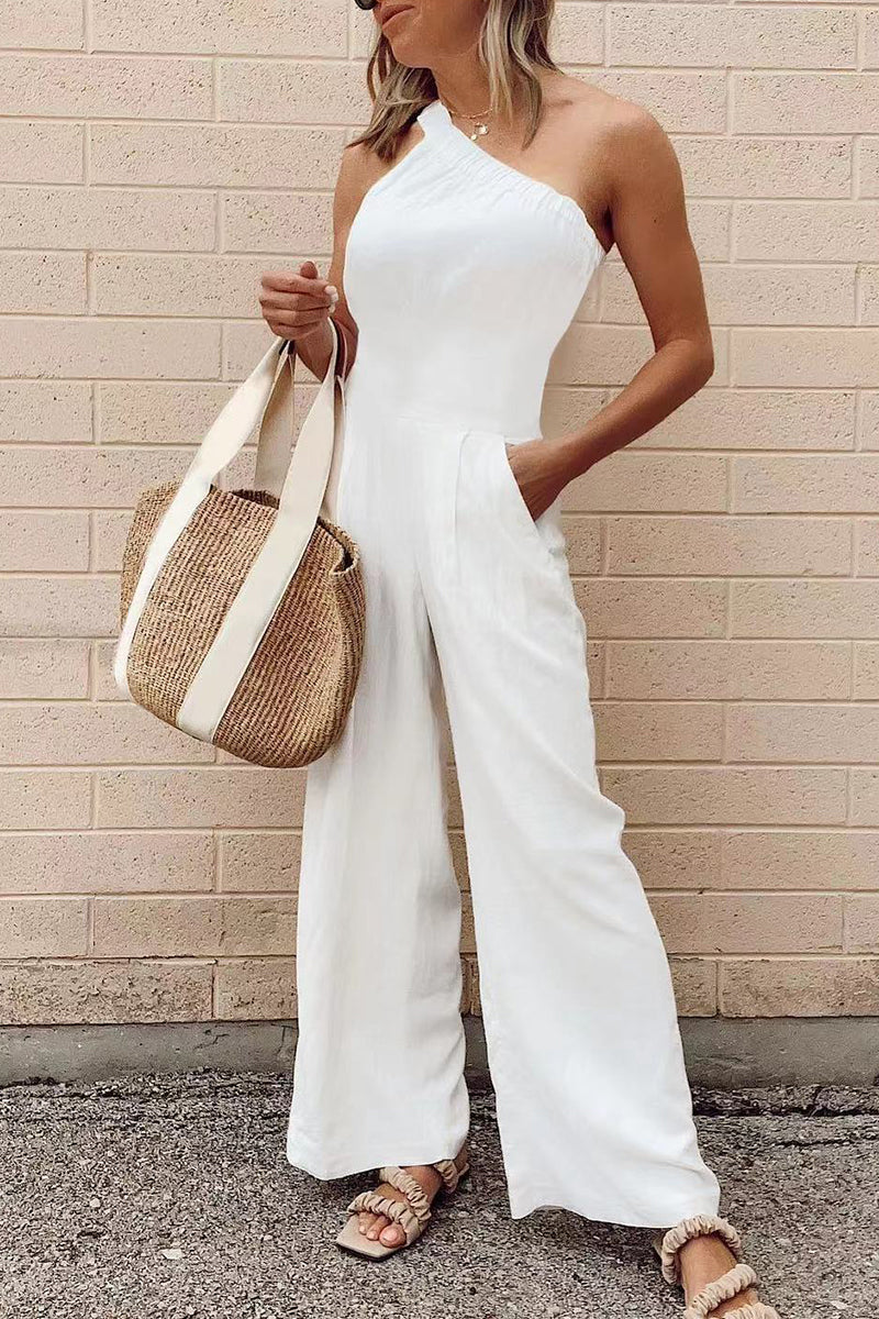 Simplicity Pocket Oblique Collar Loose Jumpsuits