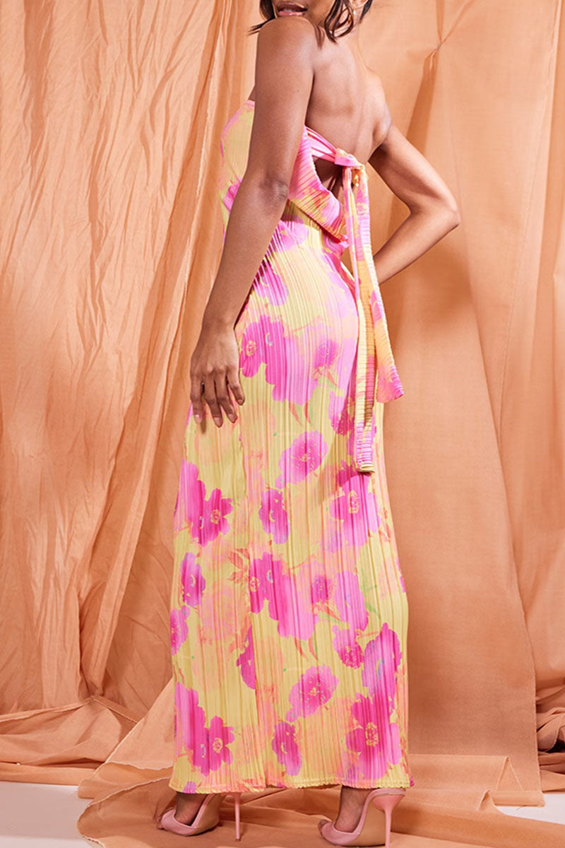 Print Patchwork Fold Strapless Pencil Skirt Dresses
