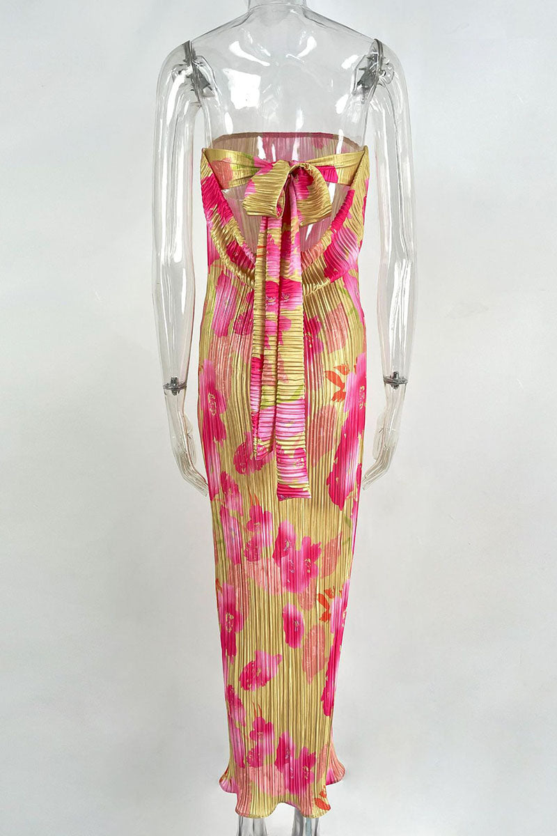 Print Patchwork Fold Strapless Pencil Skirt Dresses