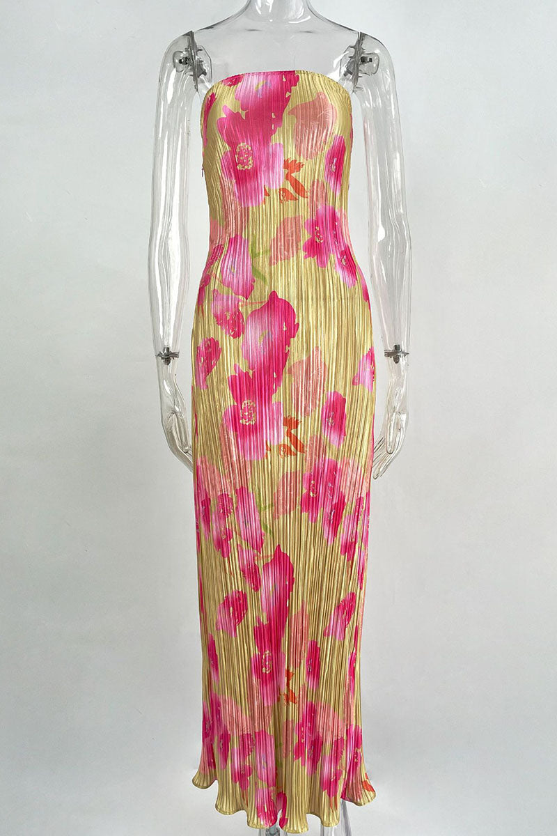 Print Patchwork Fold Strapless Pencil Skirt Dresses