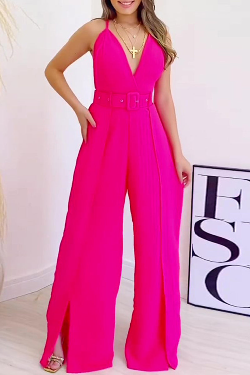 Celebrities With Belt V Neck Regular Jumpsuits(4 Colors)