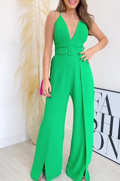 Celebrities With Belt V Neck Regular Jumpsuits(4 Colors)