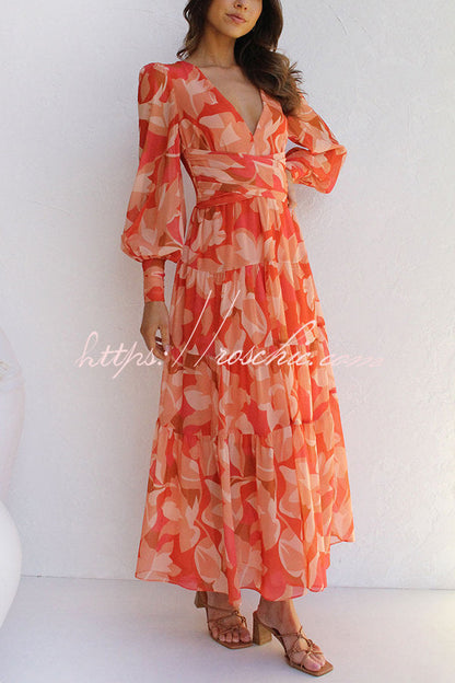 Olena Abstract Balloon Sleeves Maxi Dress (the Back Is Stretchy)