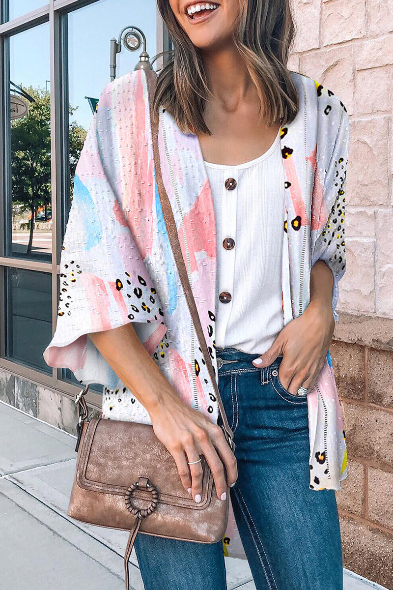 Vacation Print Patchwork Cardigan Collar Tops