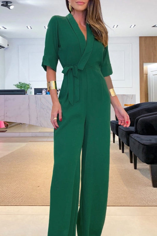 Patchwork Frenulum V Neck Regular Jumpsuits