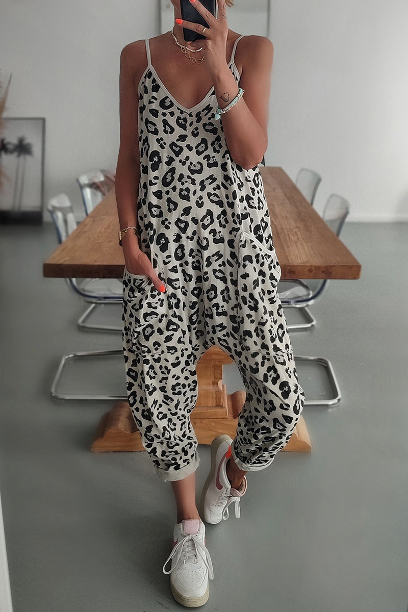 Leopard Pocket Printing V Neck Loose Jumpsuits