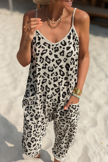 Leopard Pocket Printing V Neck Loose Jumpsuits