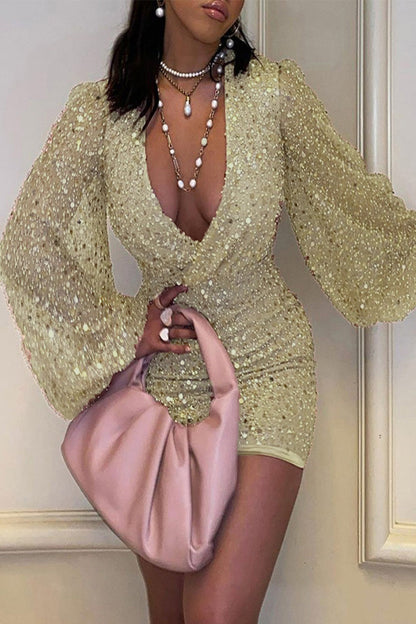 Sequins V Neck Pencil Skirt Dresses