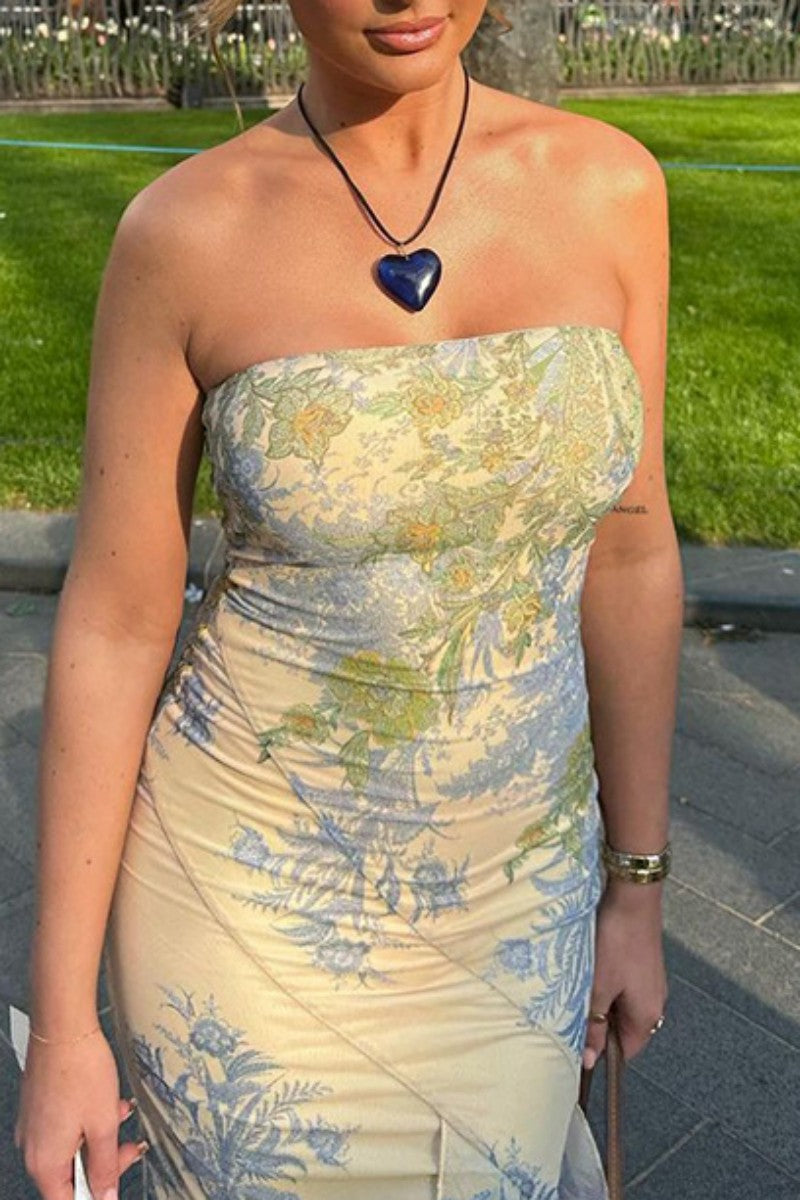 Print Backless Slit Strapless Long Dress Dresses