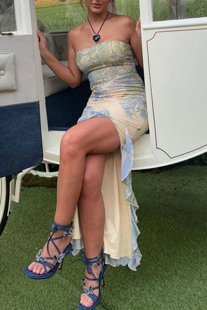 Print Backless Slit Strapless Long Dress Dresses