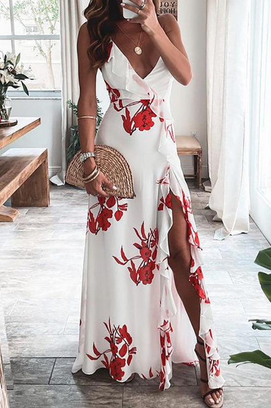 Print Patchwork Slit Spaghetti Strap Long Dress Dresses
