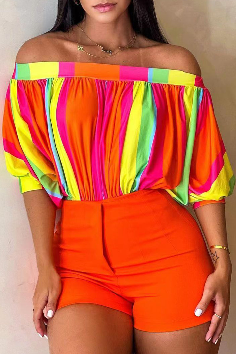 Print Patchwork Off the Shoulder T-shirts