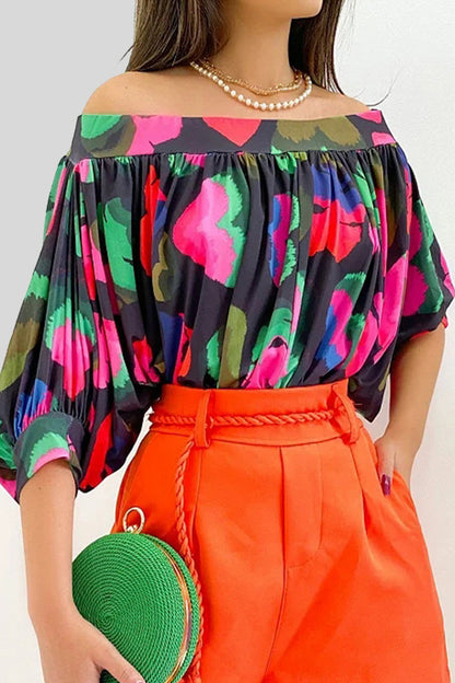 Print Patchwork Off the Shoulder T-shirts