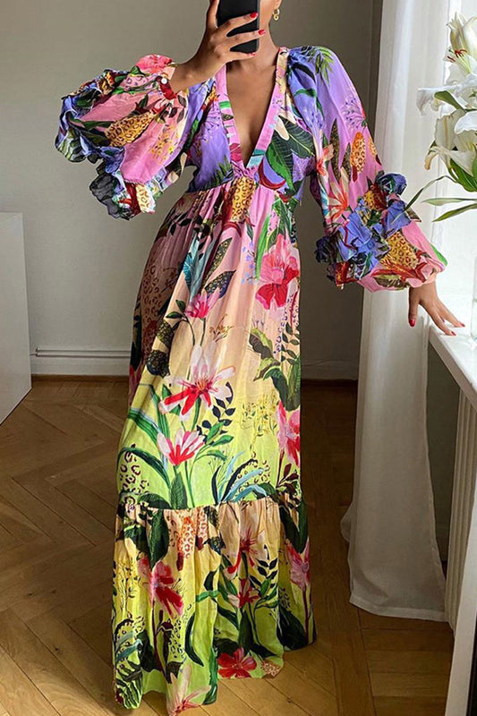 Gradual Change Flounce V Neck Cake Skirt Dresses