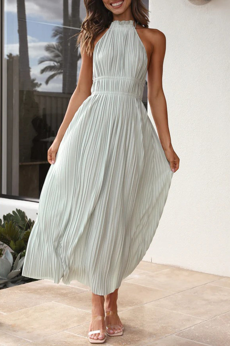 Backless Fold Halter Waist Skirt Dresses(4 Colors)