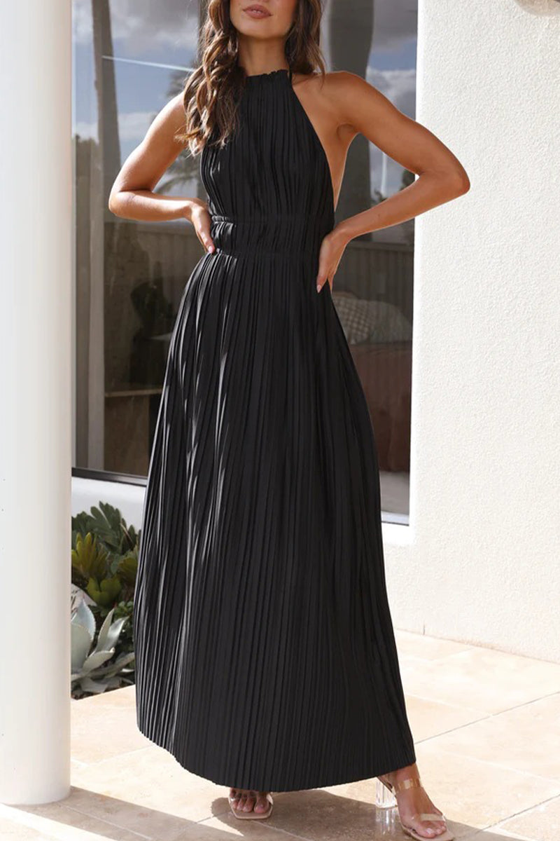 Backless Fold Halter Waist Skirt Dresses(4 Colors)