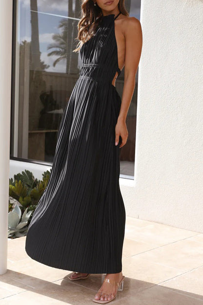 Backless Fold Halter Waist Skirt Dresses(4 Colors)