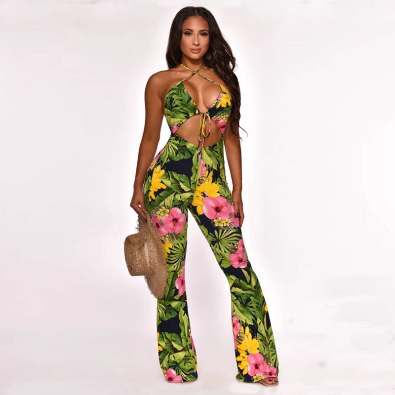 Strap Printed Bell Bottom Pants Jumpsuit