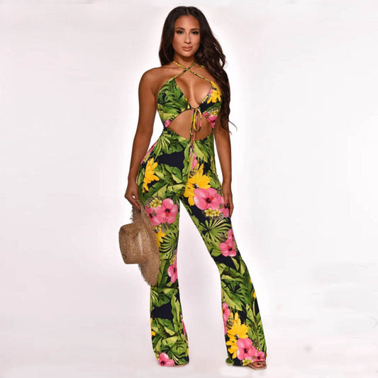 Strap Printed Bell Bottom Pants Jumpsuit