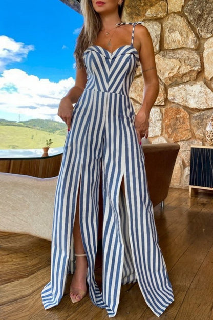 Striped Print Bandage Backless Slit Spaghetti Strap Regular Jumpsuits