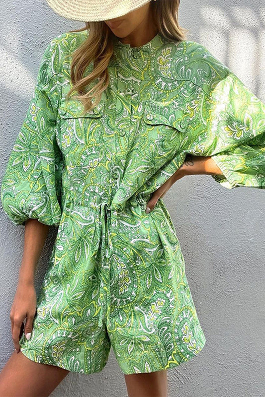 Print Frenulum Mandarin Collar Loose Rompers