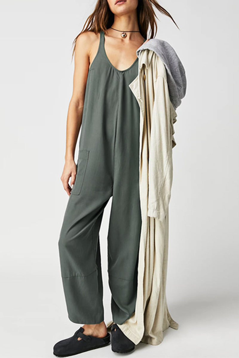 Pocket V Neck Loose Jumpsuits