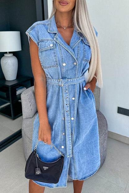 Pocket Turndown Collar Sleeveless Straight Denim Dresses