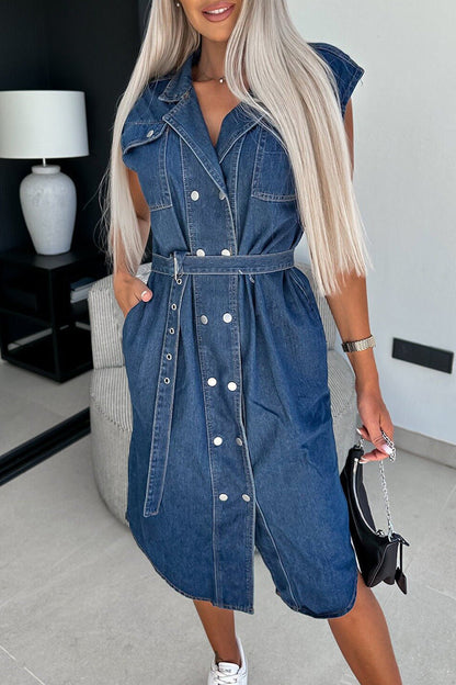 Pocket Turndown Collar Sleeveless Straight Denim Dresses
