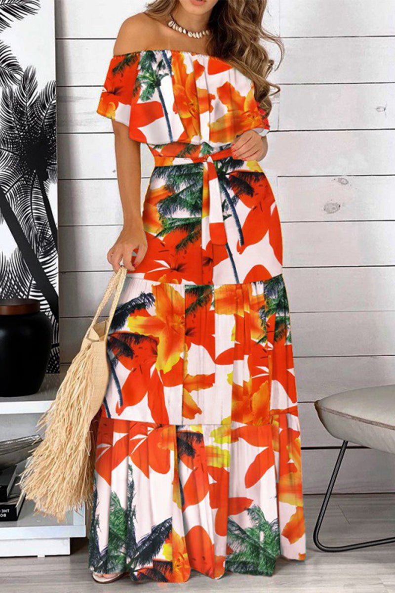 Print Frenulum Off the Shoulder Cake Skirt Dresses