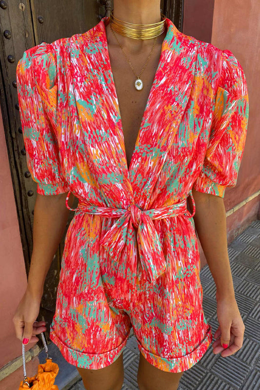 Print Bandage Turn-back Collar Loose Rompers