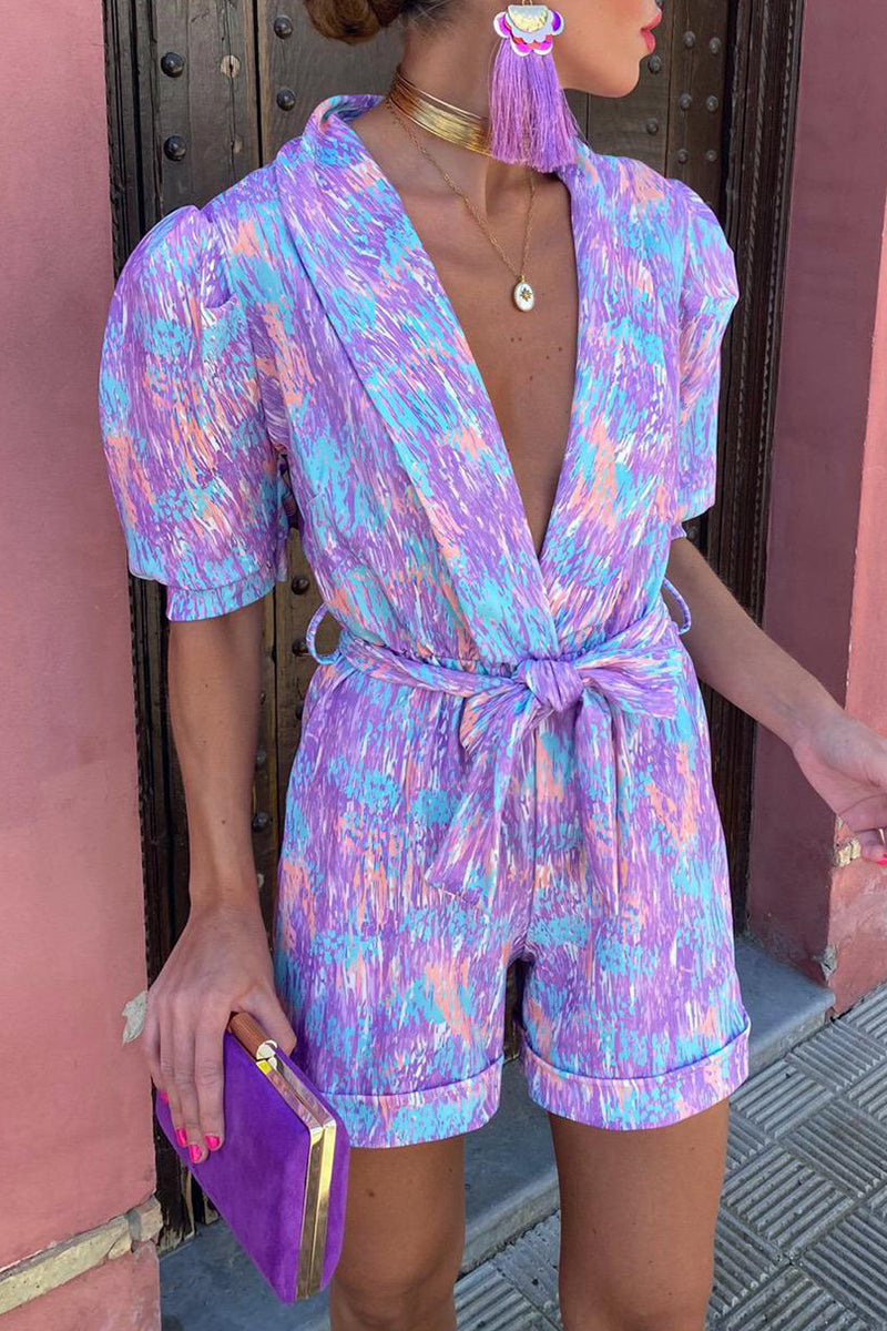 Print Bandage Turn-back Collar Loose Rompers