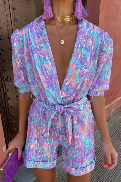 Print Bandage Turn-back Collar Loose Rompers