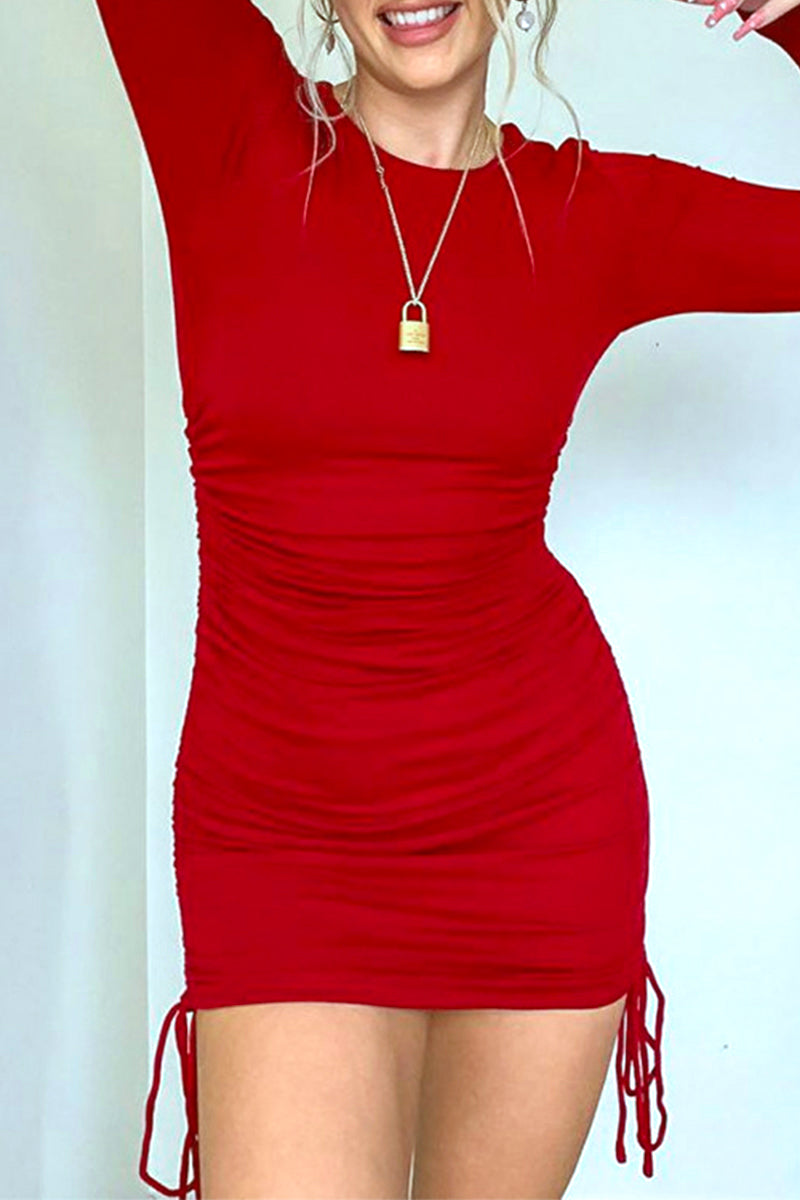 Draw String Fold O Neck Wrapped Skirt Dresses(10 Colors)