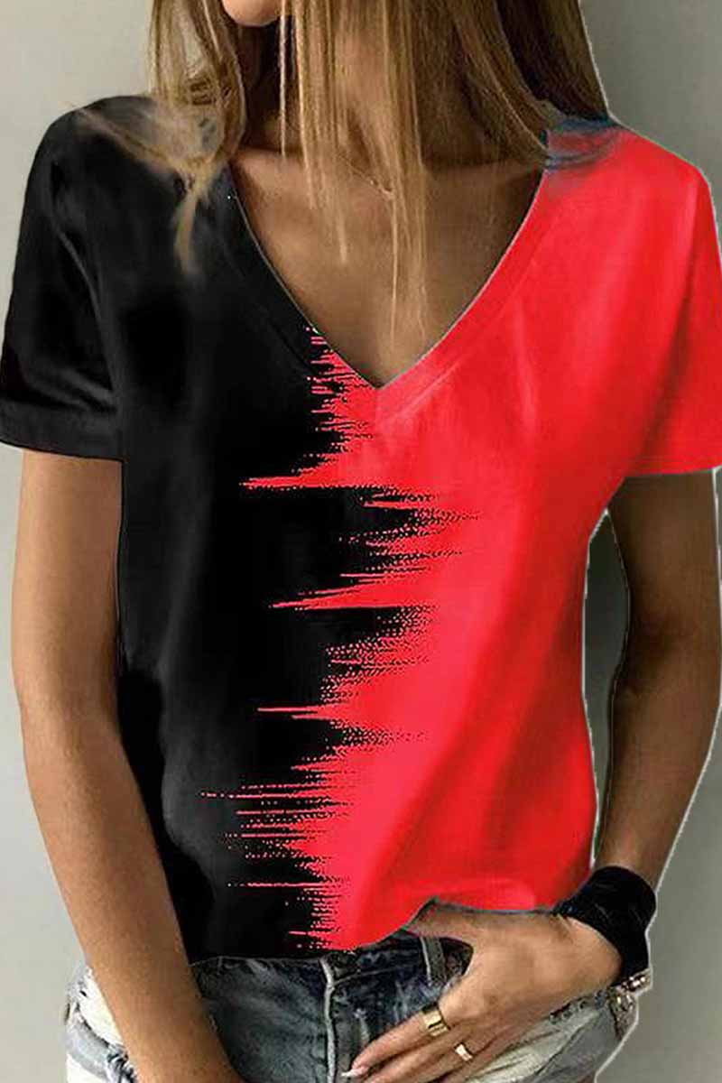 Street Print Patchwork V Neck T-shirts