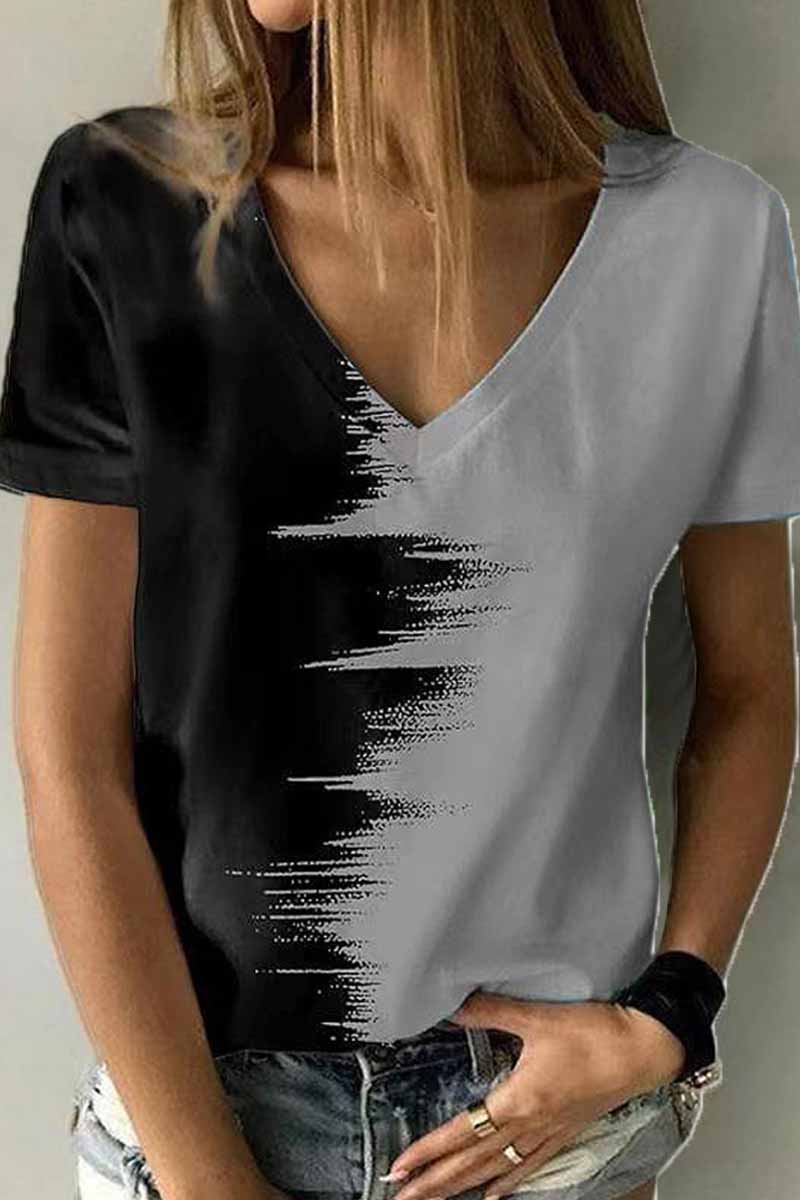 Street Print Patchwork V Neck T-shirts
