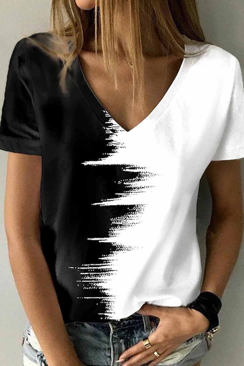 Street Print Patchwork V Neck T-shirts