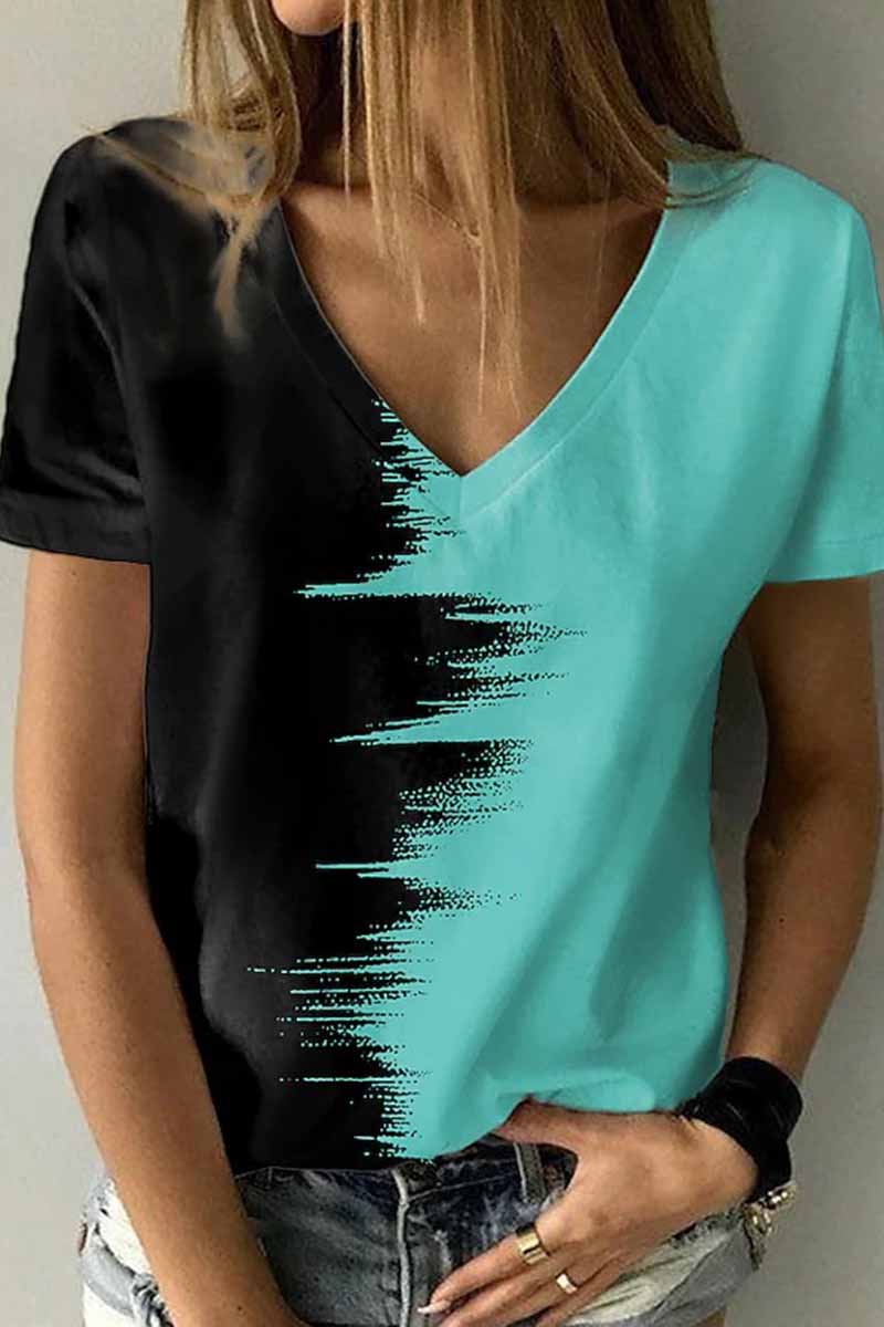 Street Print Patchwork V Neck T-shirts