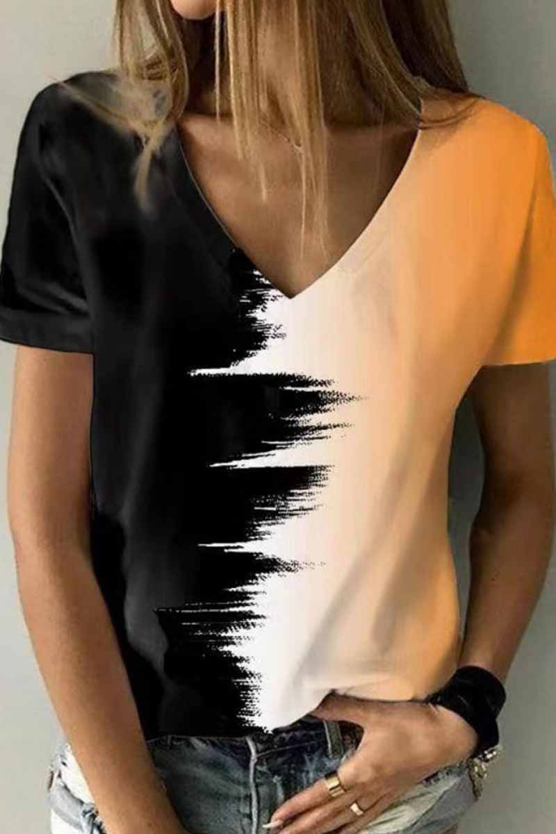 Street Print Patchwork V Neck T-shirts