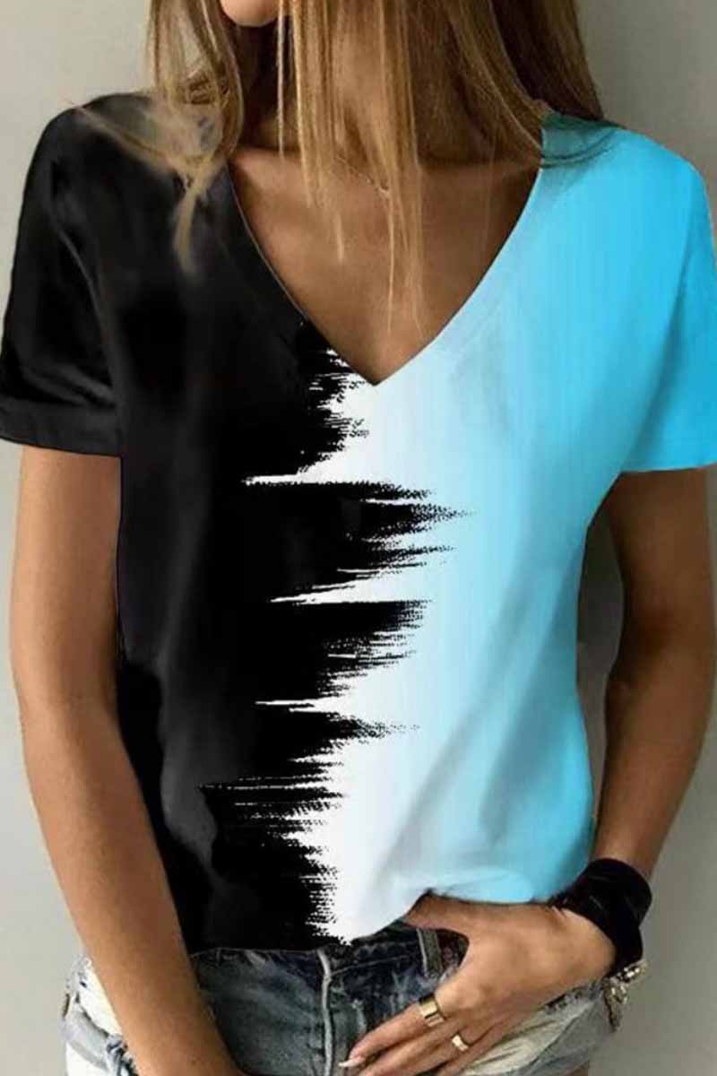 Street Print Patchwork V Neck T-shirts