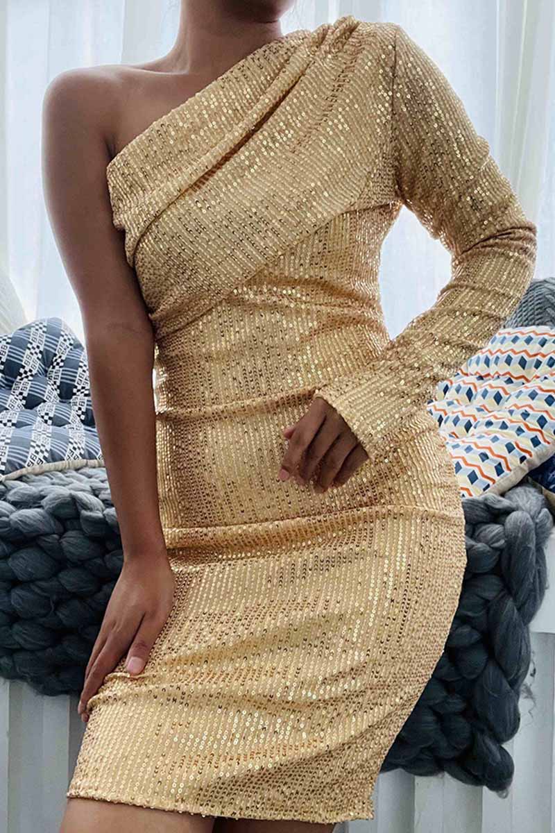 Sequins One Shoulder One Step Skirt Dresses