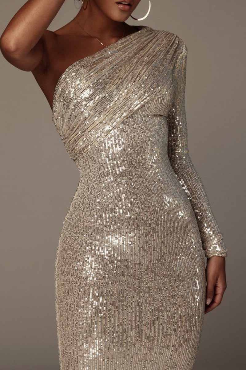 Sequins One Shoulder One Step Skirt Dresses