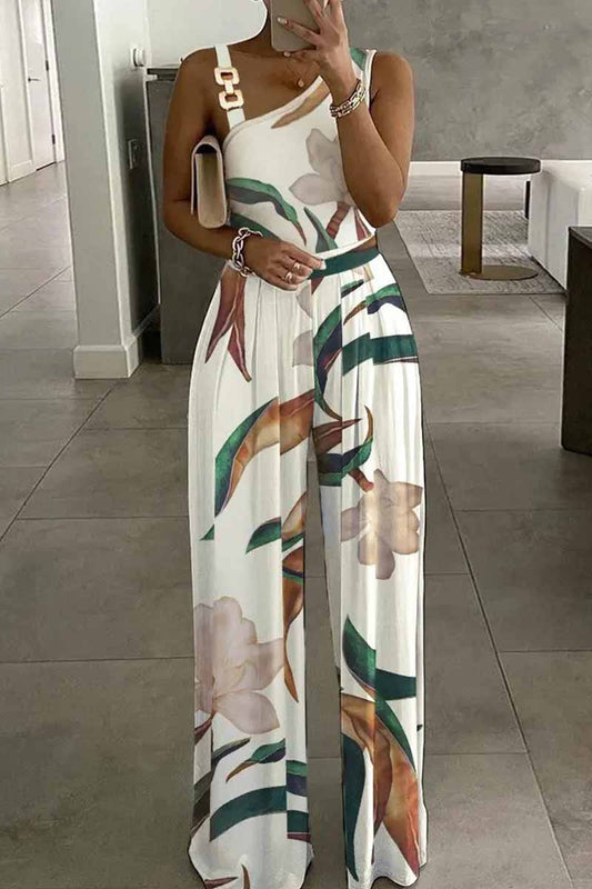 Print Patchwork Asymmetrical Collar Jumpsuits