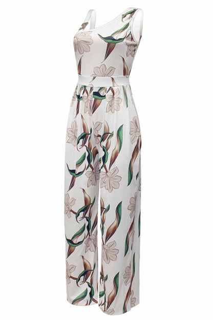 Print Patchwork Asymmetrical Collar Jumpsuits