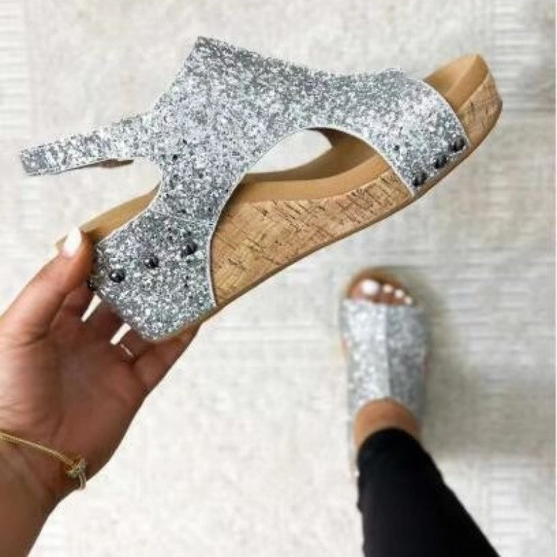 Hollowed Out Sequins Patchwork Fish Mouth Out Door Wedges Shoes