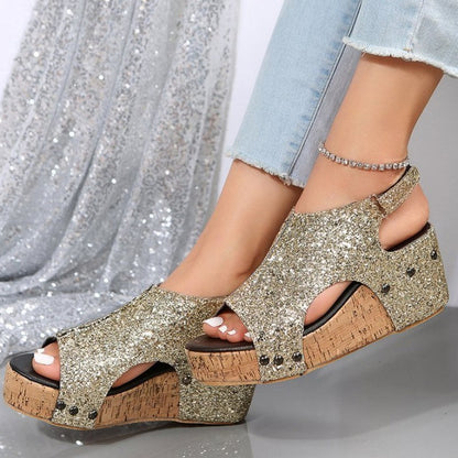 Hollowed Out Sequins Patchwork Fish Mouth Out Door Wedges Shoes