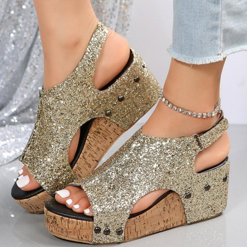 Hollowed Out Sequins Patchwork Fish Mouth Out Door Wedges Shoes