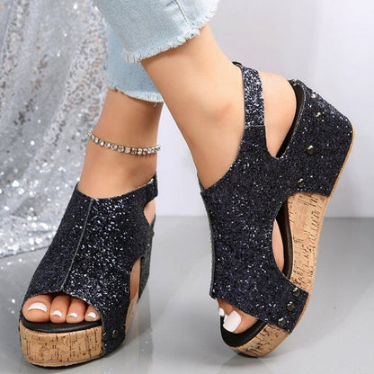 Hollowed Out Sequins Patchwork Fish Mouth Out Door Wedges Shoes